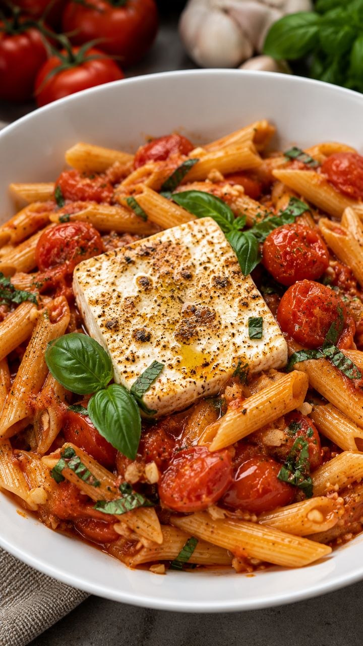 Baked feta tomato pasta with cherry tomatoes and fresh basil.