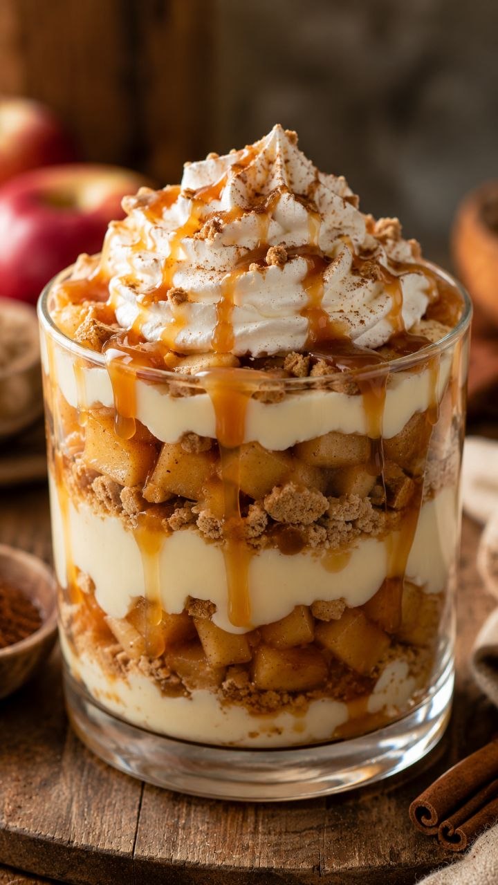 Caramel apple trifle with pudding, graham crackers, and whipped cream.