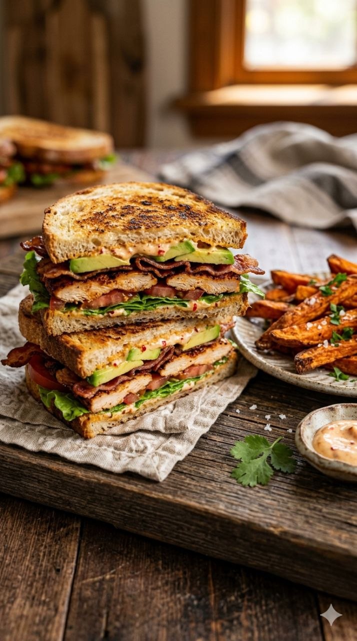 Chipotle chicken club sandwich with bacon, avocado, and sweet potato fries.