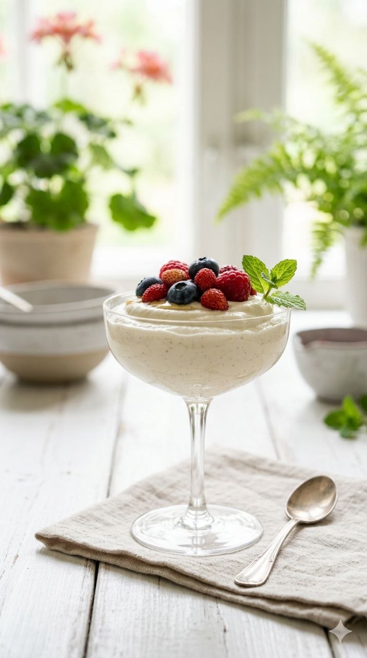 Three‑ingredient cottage cheese mousse with fresh berries and mint.