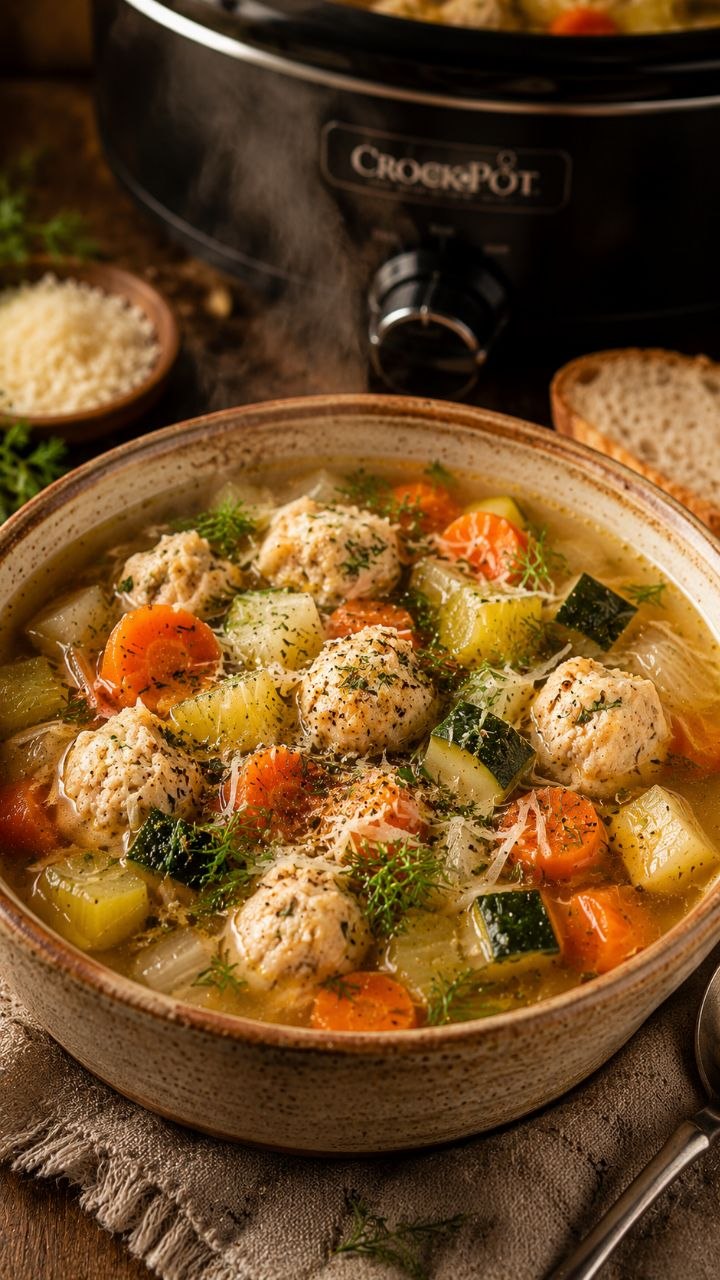 Crockpot vegetable soup with chicken meatballs and fresh dill.