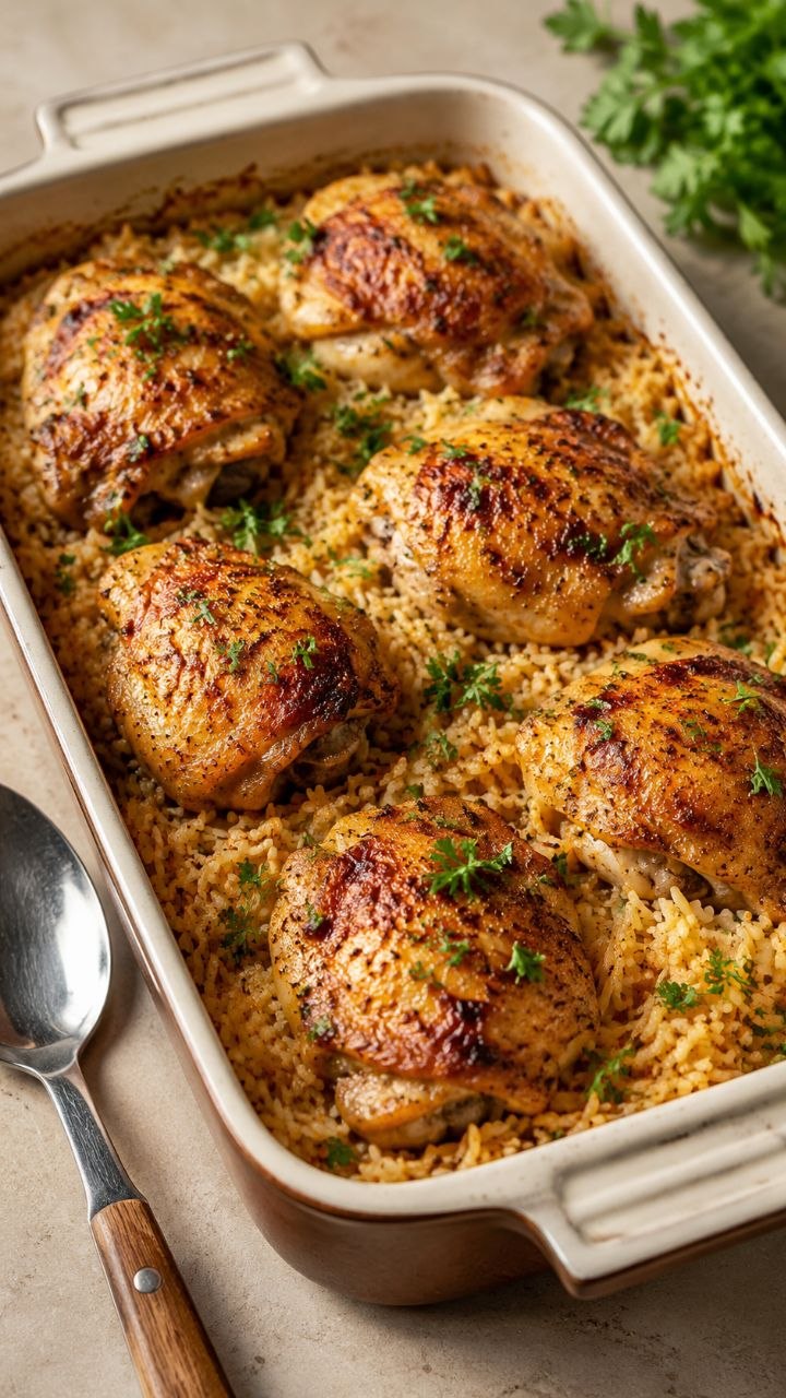Easy baked chicken and rice with golden chicken thighs and parsley.
