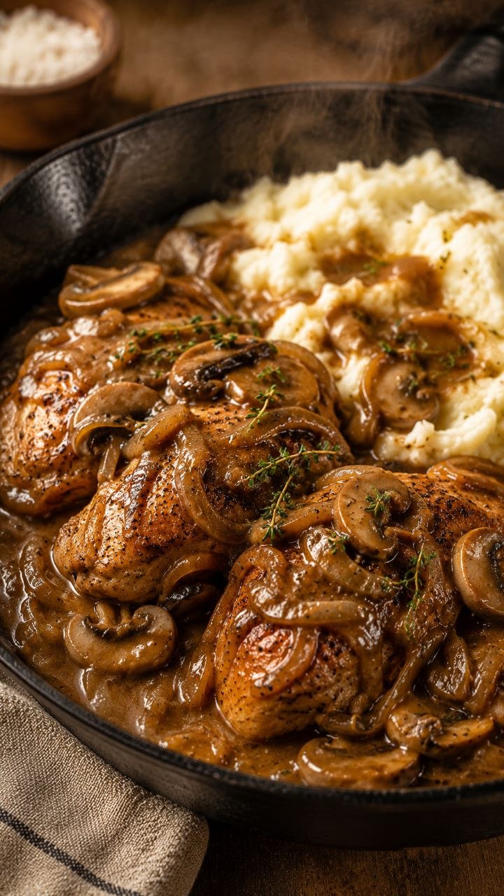 Smothered chicken with onion mushroom gravy and fresh thyme.