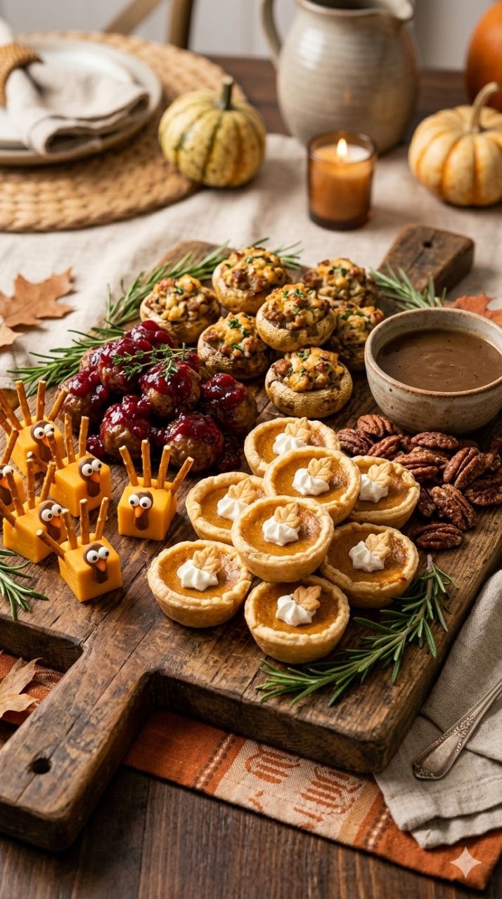 Thanksgiving snack board with mini pies, cheese bites, meatballs, and stuffed mushrooms.