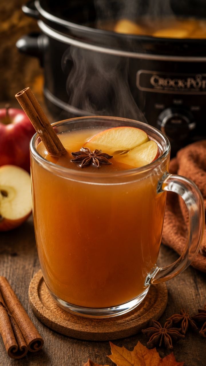 Warm crockpot apple cider with cinnamon stick and star anise.