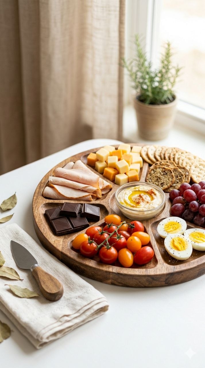 Adult lunchable snack board with meats, cheese, crackers, fruit, and hummus.