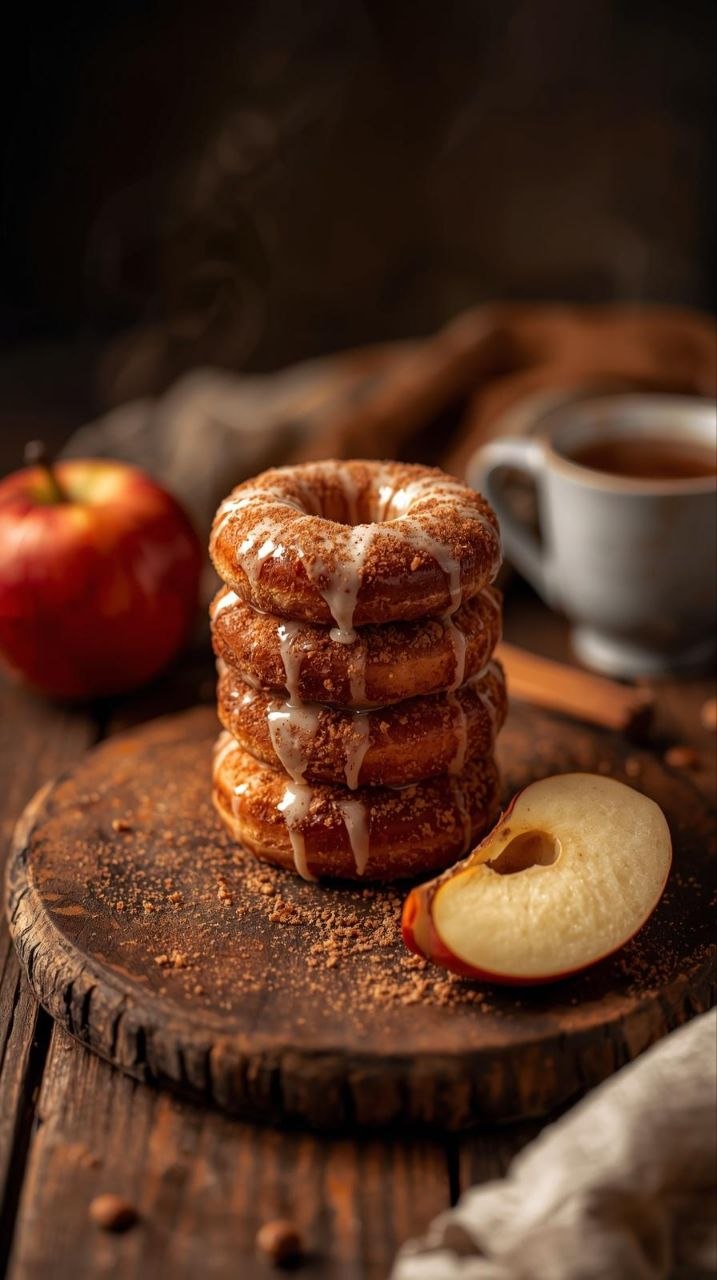 Golden-brown air fryer apple cider donuts coated in cinnamon sugar, with apple slices and warm cider.
