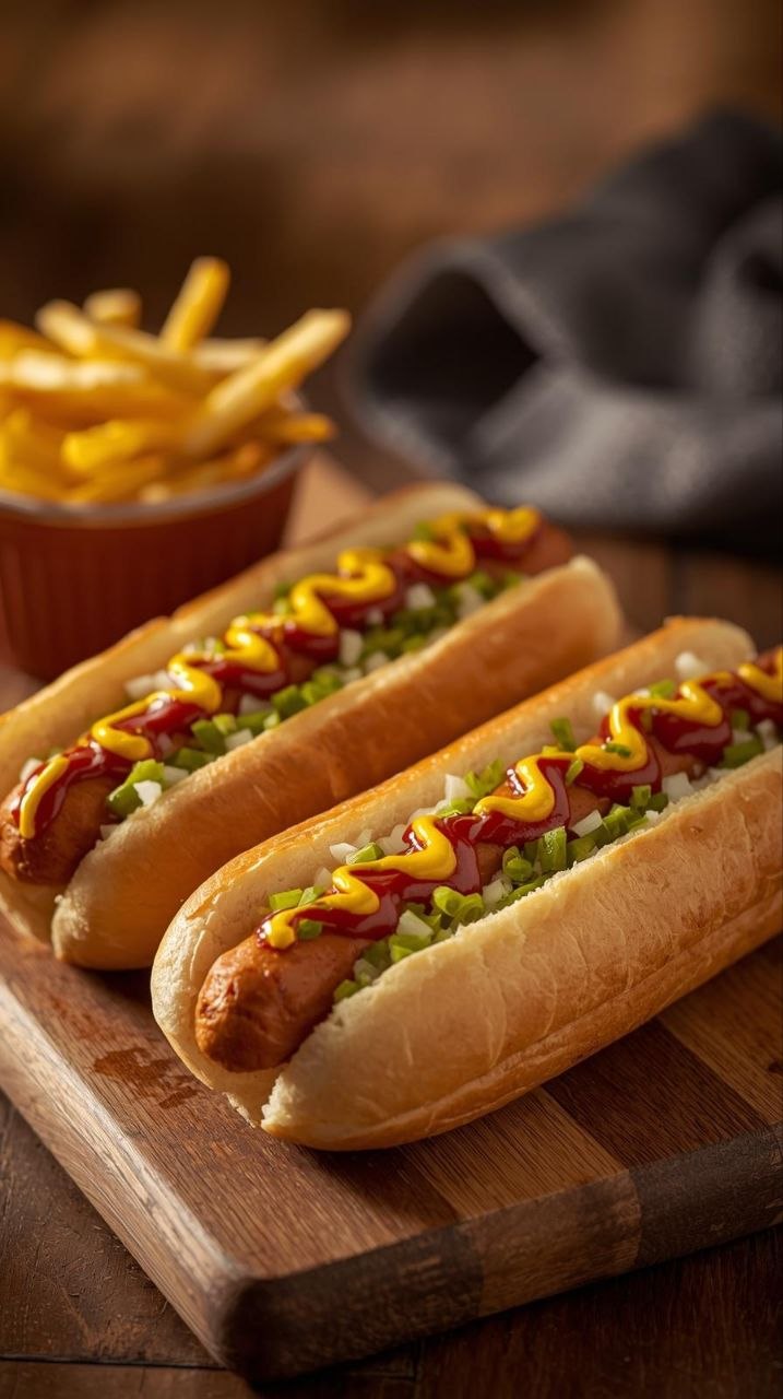 Air fryer hot dogs in toasted buns with mustard, ketchup, relish, and onions, served with crispy fries.