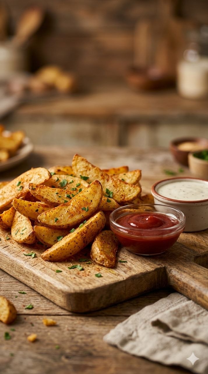 Crispy air fryer potato wedges with ketchup and ranch dip.