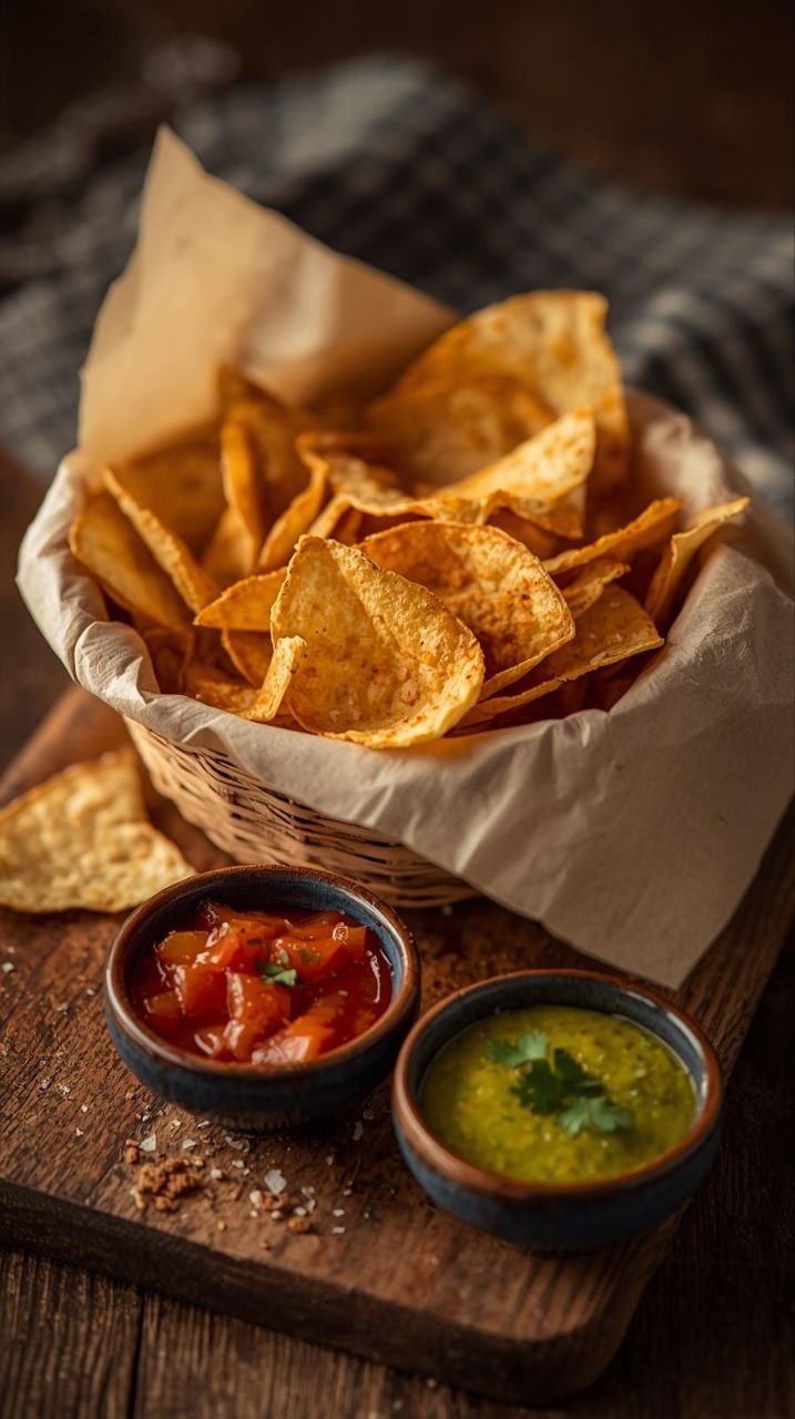 Crispy golden air fryer tortilla chips in a basket with salsa and guacamole.