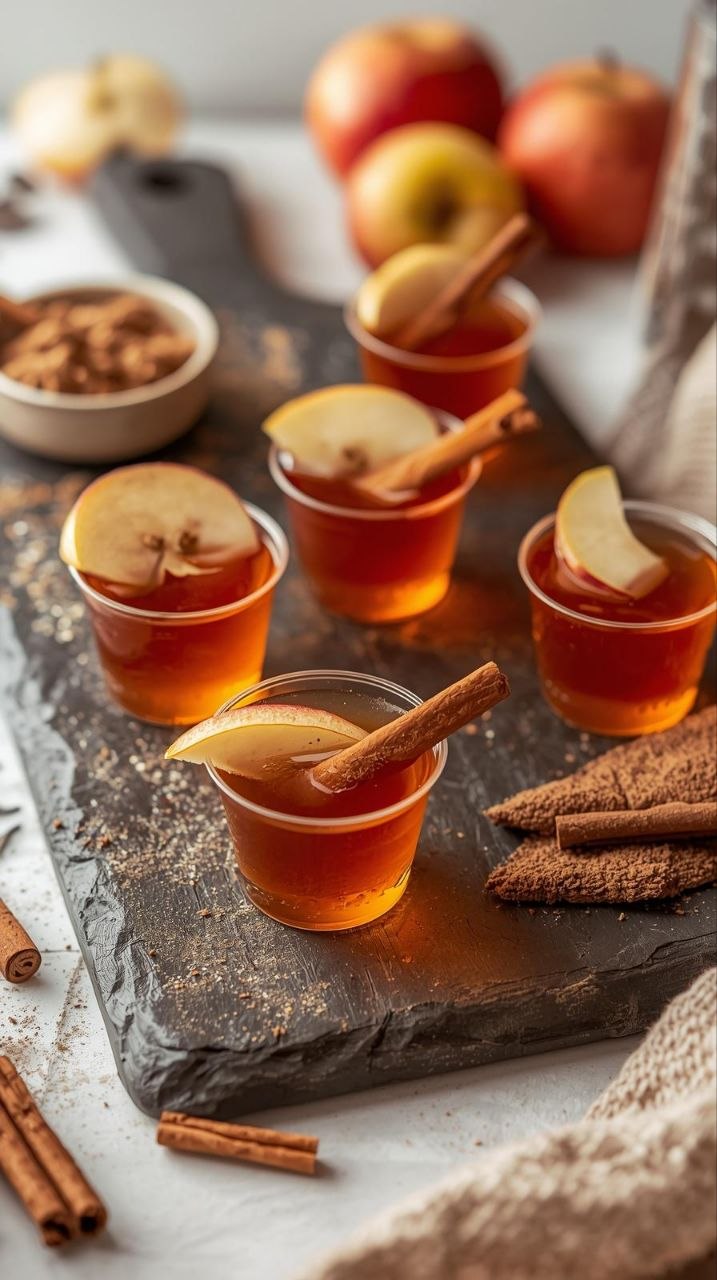 Apple cider jello shots in clear cups with apple slices and cinnamon sticks, autumn party treat.