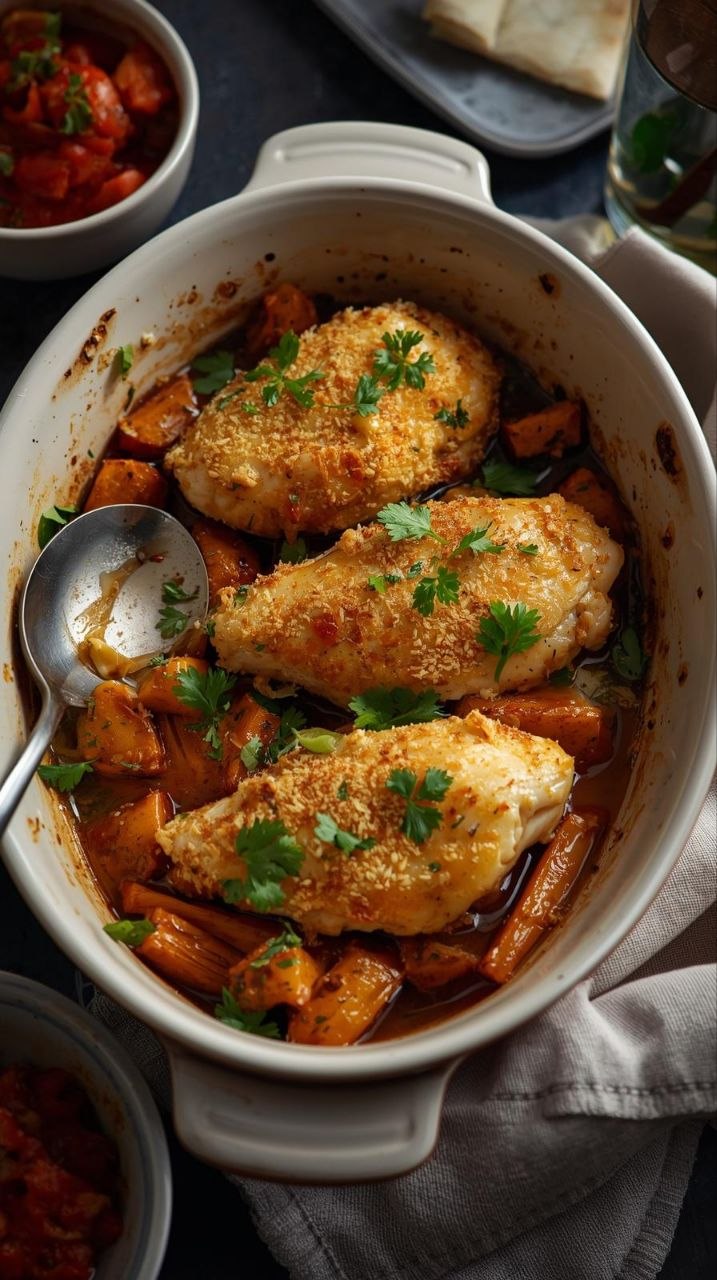 Golden-brown baked garlic Parmesan chicken breasts in a ceramic dish, garnished with fresh parsley.