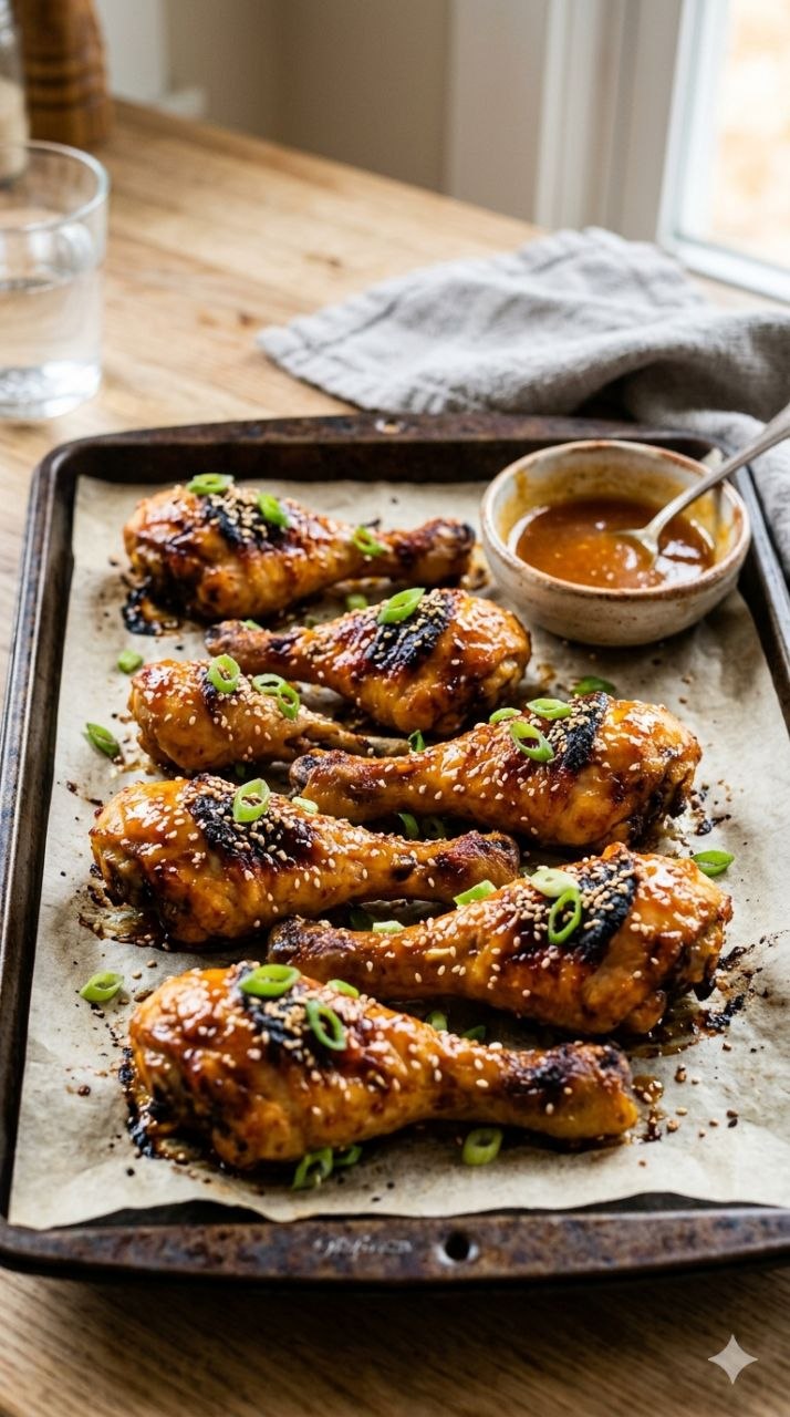 Baked orange chicken legs with sesame seeds and green onions.