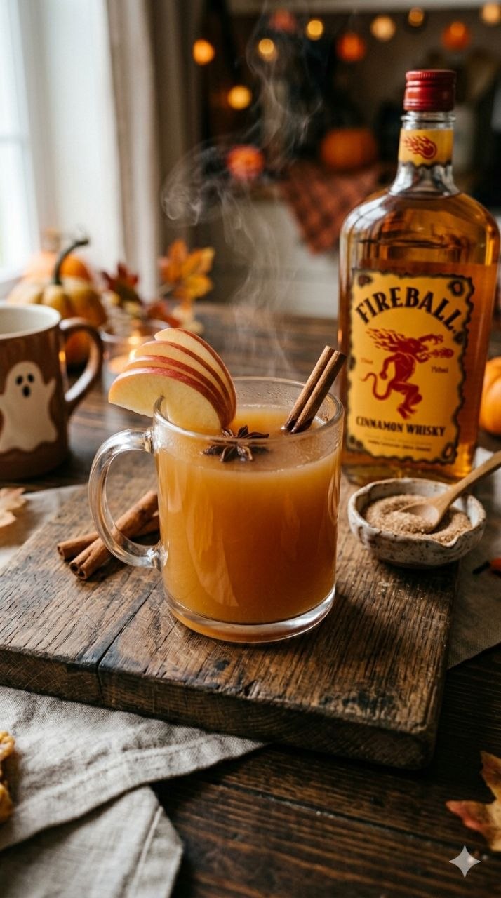 Boozy Fireball apple cider with cinnamon stick and star anise.
