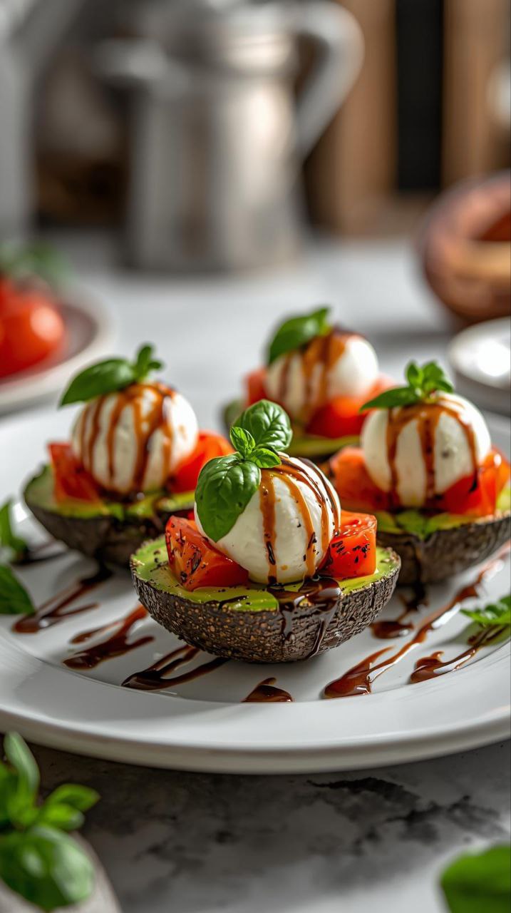 Avocado halves filled with tomatoes mozzarella and basil caprese style