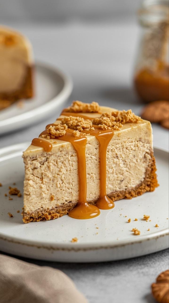 Slice of creamy cookie butter cheesecake with speculoos crust and cookie butter drizzle.