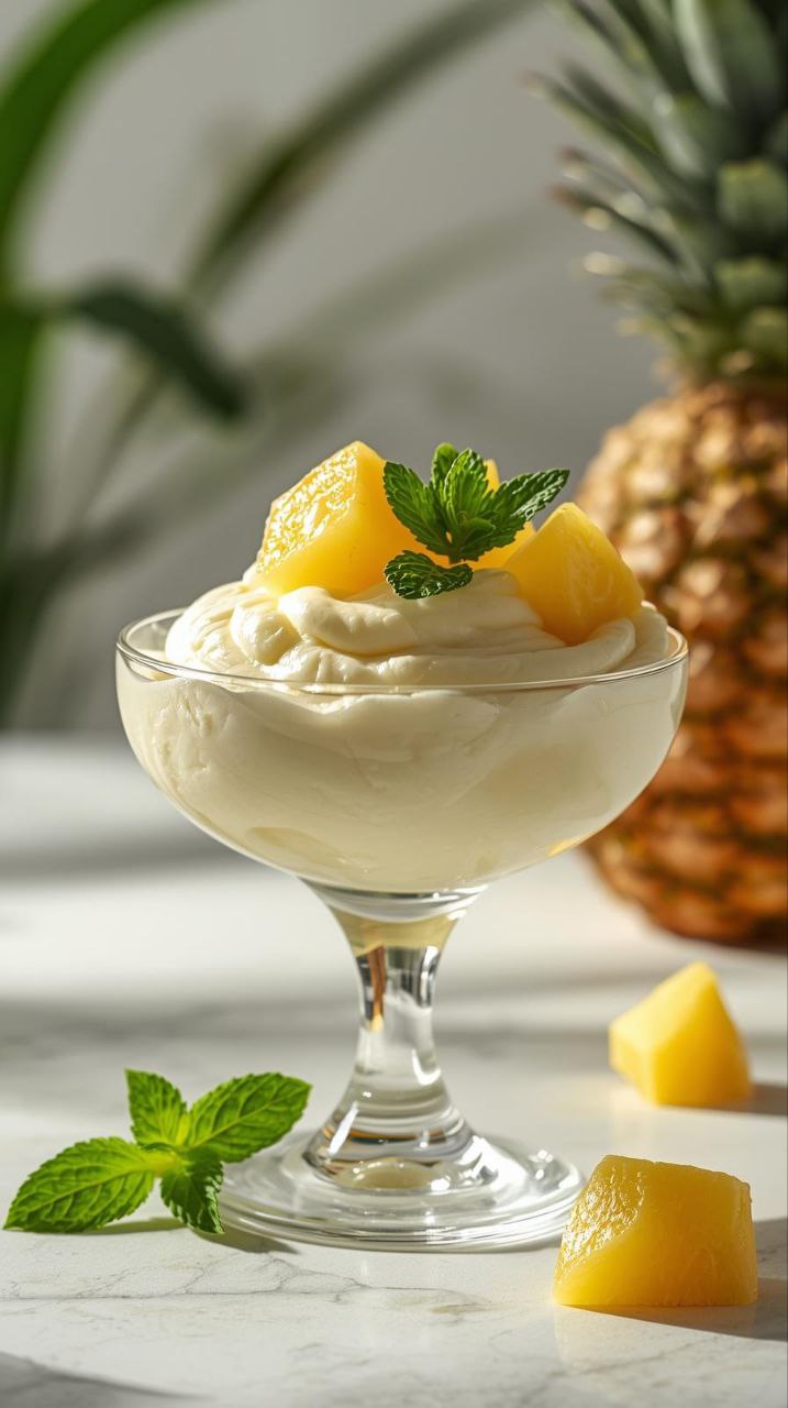 Creamy cottage cheese pineapple mousse topped with fresh pineapple chunks