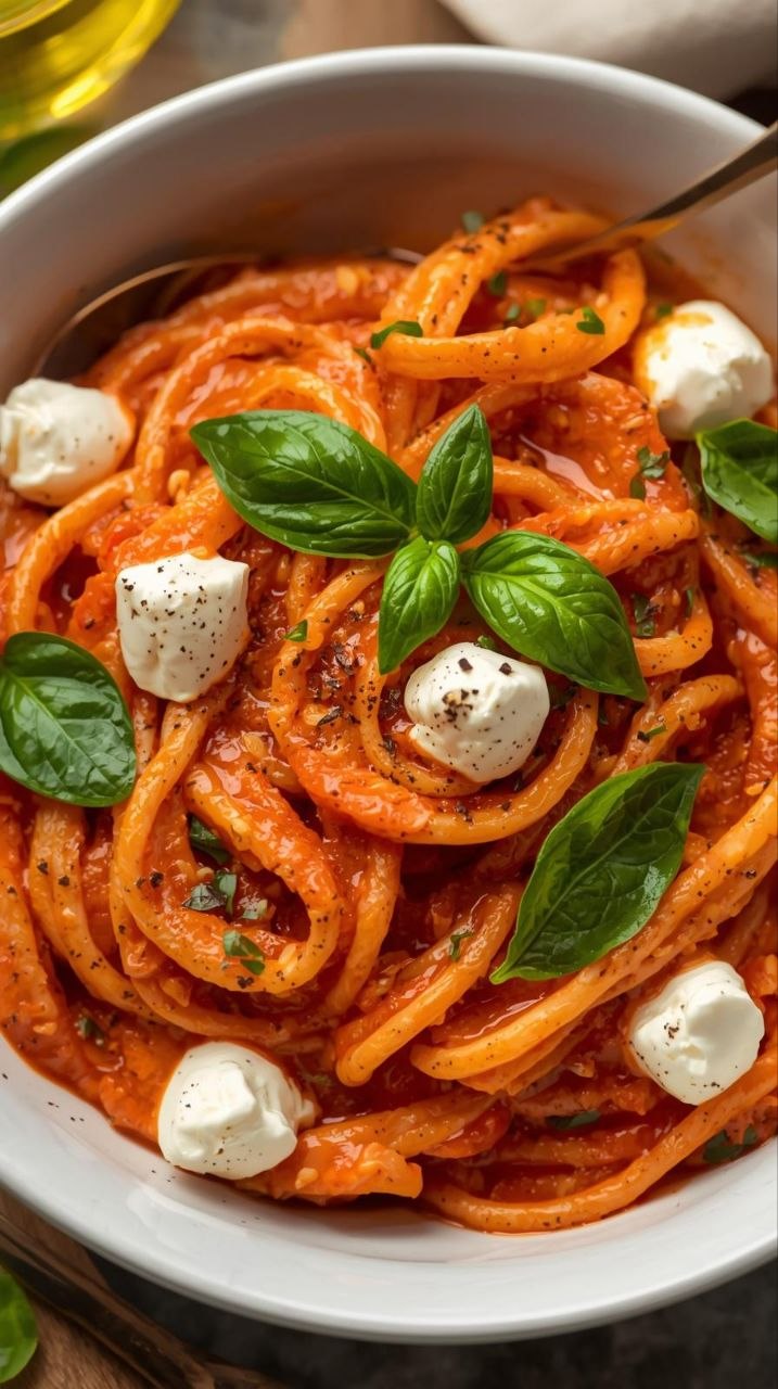 Creamy tomato pasta with cottage cheese and fresh basil in a white bowl.
