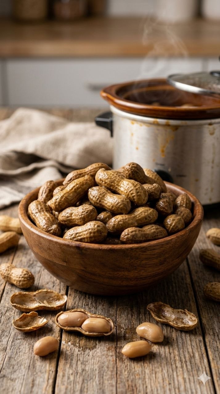 Warm crockpot boiled peanuts in a wooden bowl with shells cracked open.