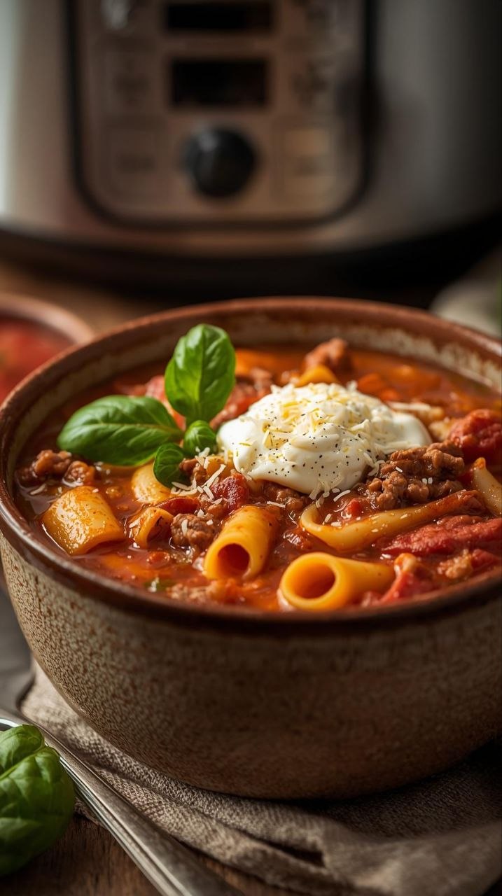 Hearty crockpot lasagna soup with ricotta, fresh basil, and Parmesan in a rustic bowl.
