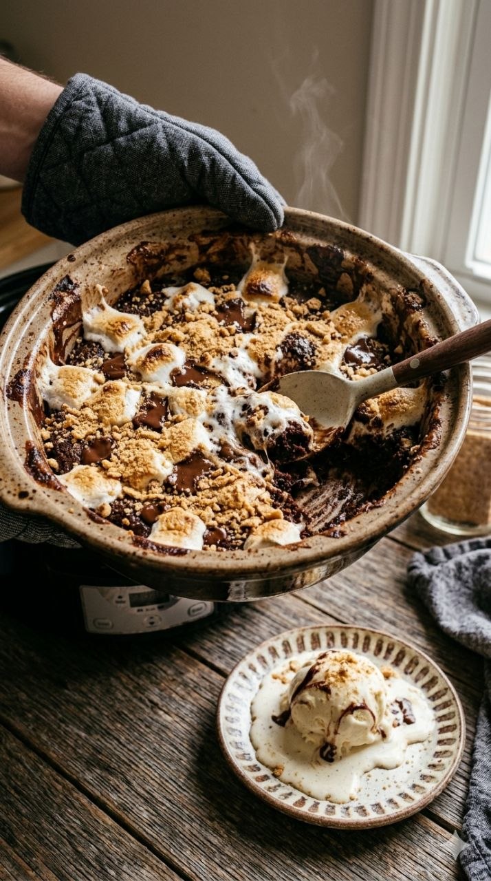 Gooey crockpot s’mores cake with melted marshmallows and chocolate.