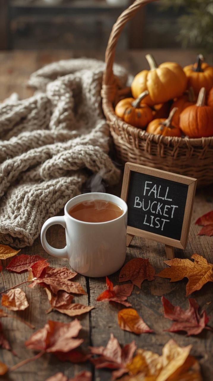 Cozy fall bucket list scene with apple cider, pumpkins, autumn leaves, and a knit blanket on a rustic table.