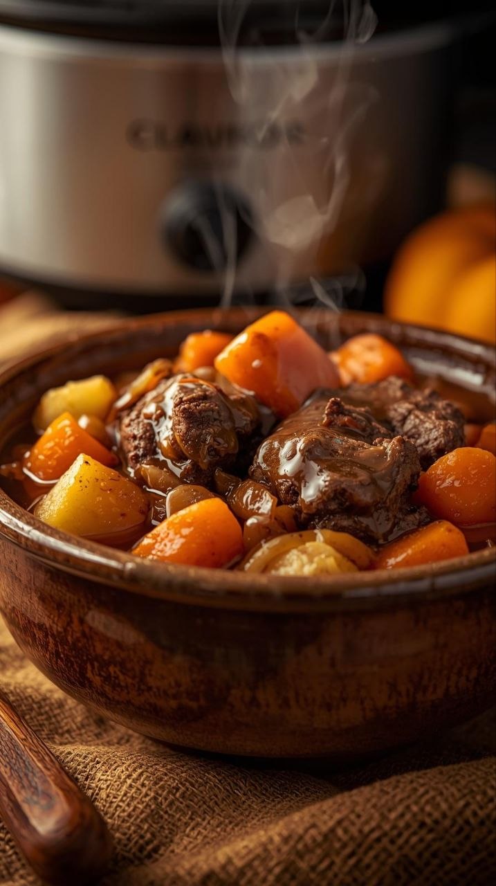 Hearty fall crockpot dinner with pot roast, carrots, and potatoes in rich gravy.