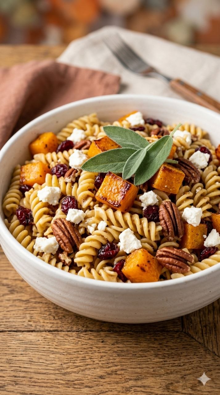 Fall pasta salad with butternut squash, cranberries, pecans, and feta.