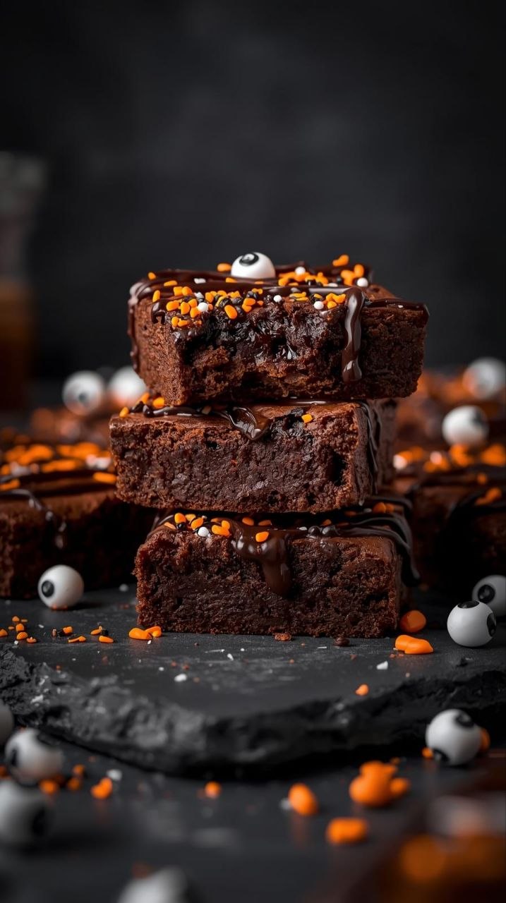 Fudgy Halloween brownies with orange and black sprinkles, chocolate drizzle, and candy eyeballs.