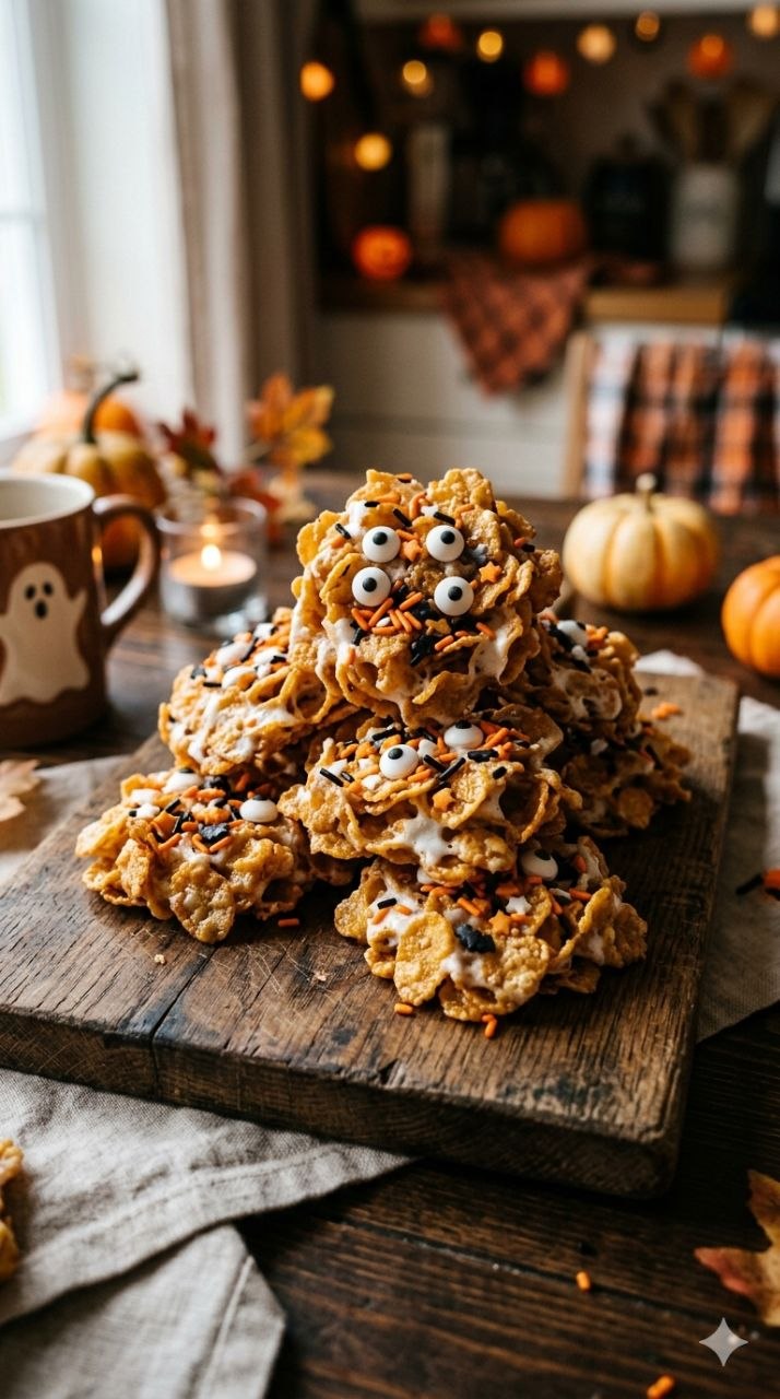 Halloween cornflake cookies with orange sprinkles and candy eyeballs.