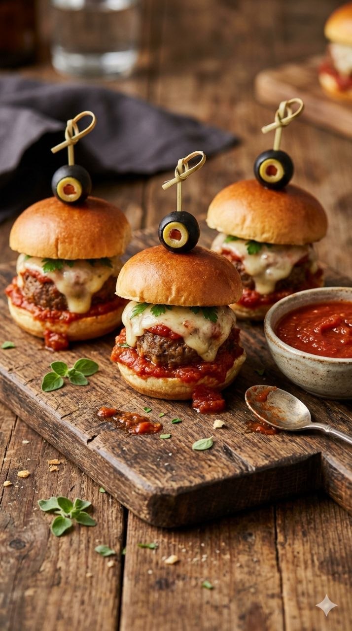 Halloween meatball sliders with marinara and cheese, topped with olive eyeballs.