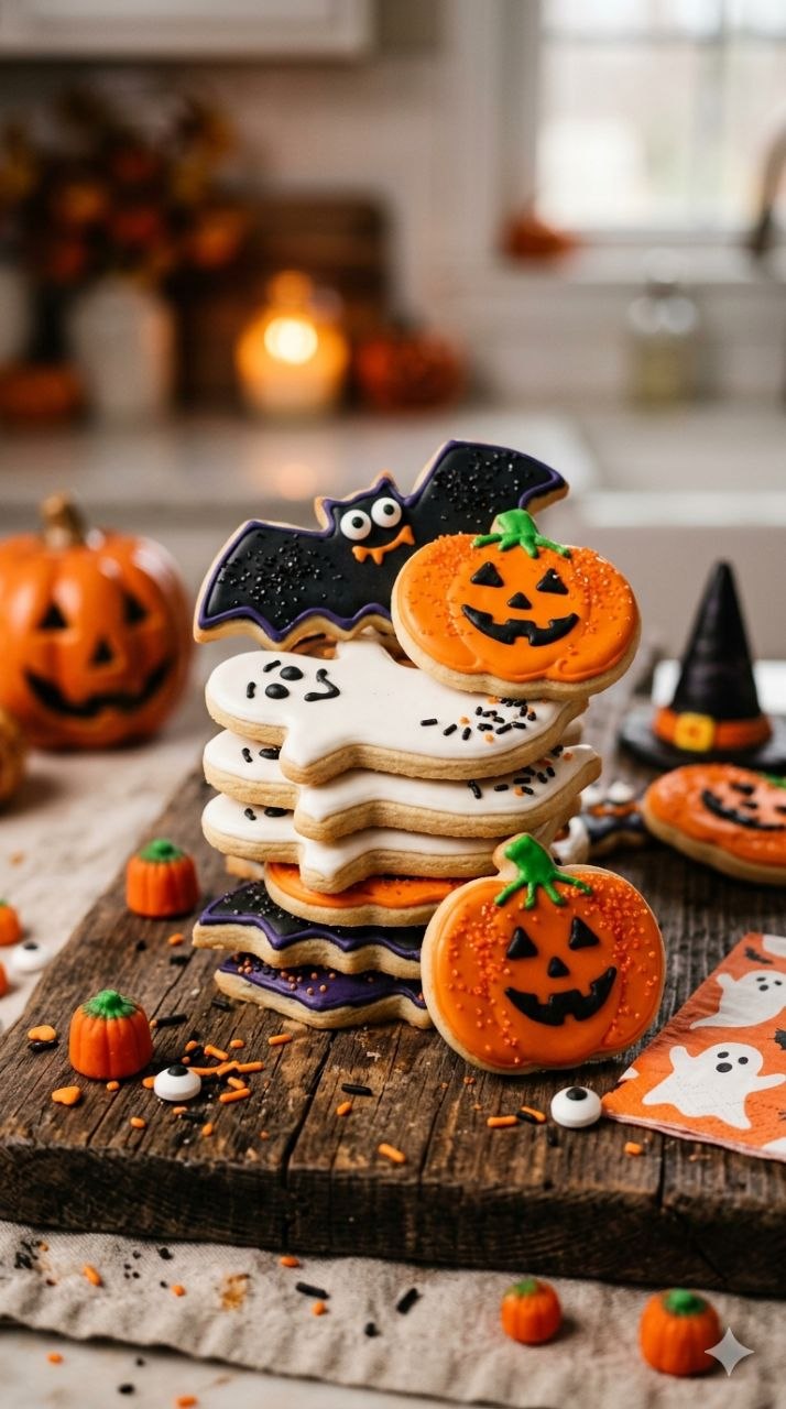 Halloween sugar cookies shaped like ghosts and pumpkins with orange and black icing.