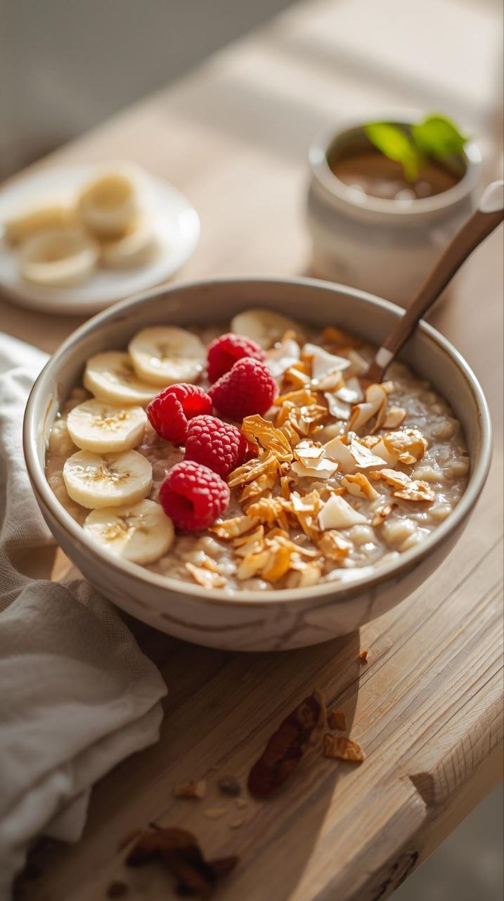 Creamy oatmeal bowl topped with bananas, raspberries, coconut flakes, and almond butter.