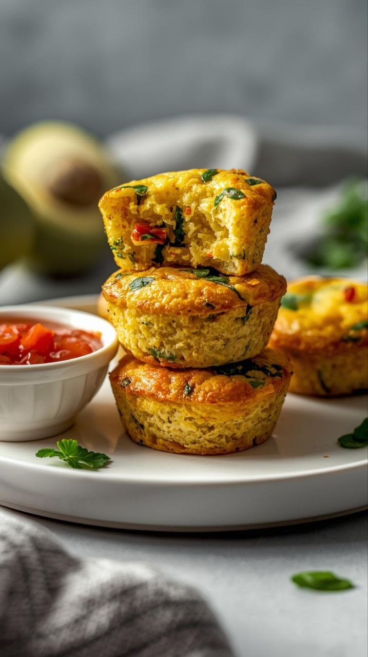 High protein cheese egg muffins with cheddar, spinach, and peppers, served with salsa.