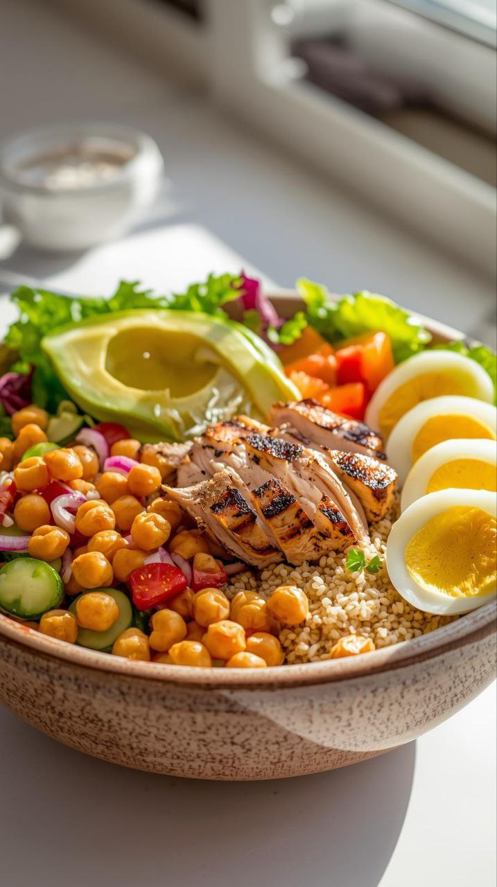 healthy high protein salad bowl with chicken quinoa avocado and vegetables