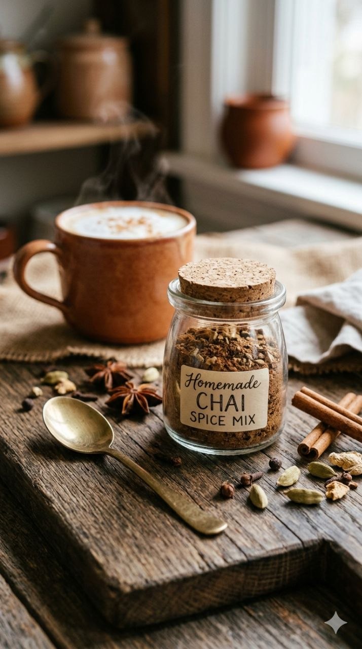 Homemade chai spice mix in a jar with whole spices and a chai latte.