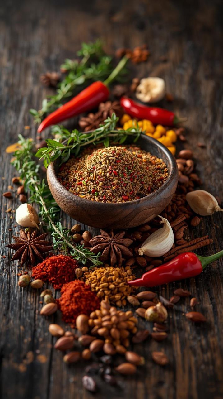 homemade jamaican jerk seasoning spice blend in wooden bowl with caribbean spices