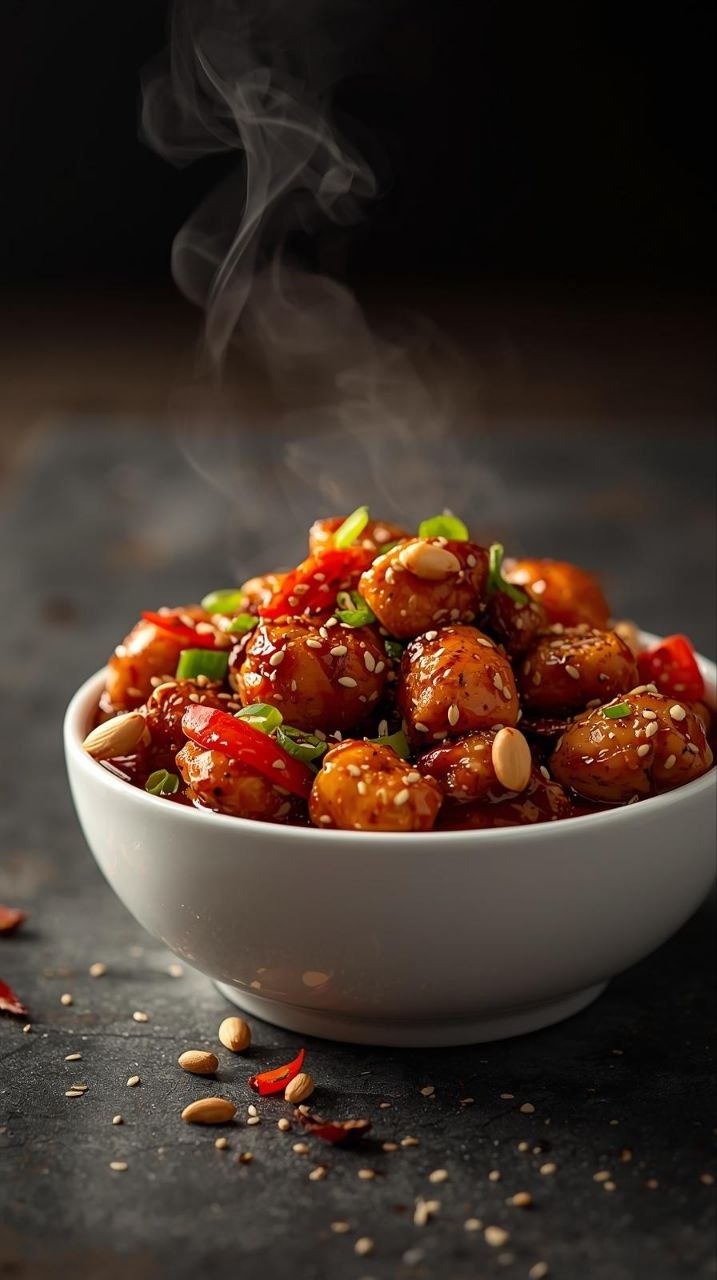 Bowl of Kung Pao chicken with peanuts, red peppers, and chilies in a glossy sauce, garnished with green onions and sesame seeds.