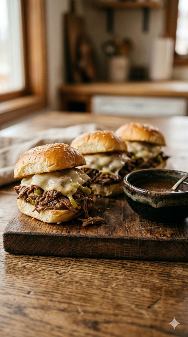 Mississippi pot roast sliders with pepperoncini and melted cheese.