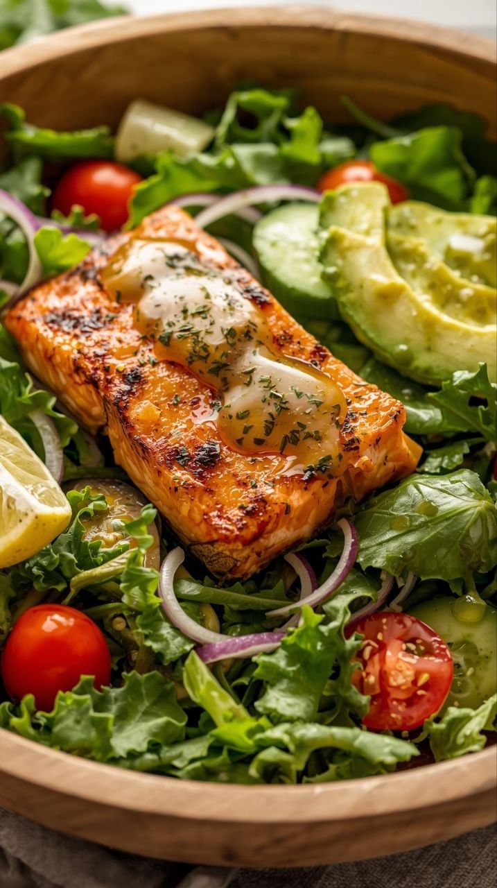 Fresh salmon avocado salad with mixed greens, cherry tomatoes, and lemon wedge in a wooden bowl.