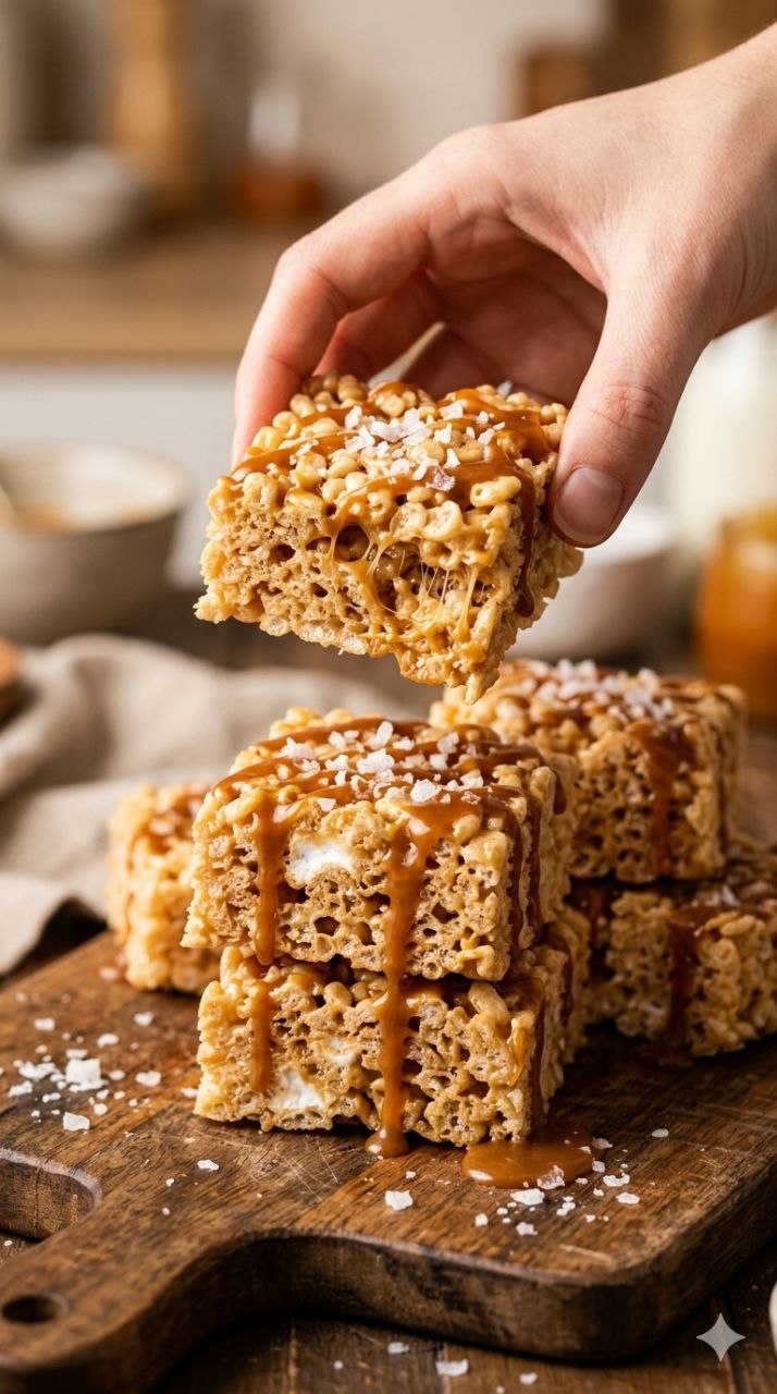Salted caramel Rice Krispie treats with caramel drizzle and sea salt.