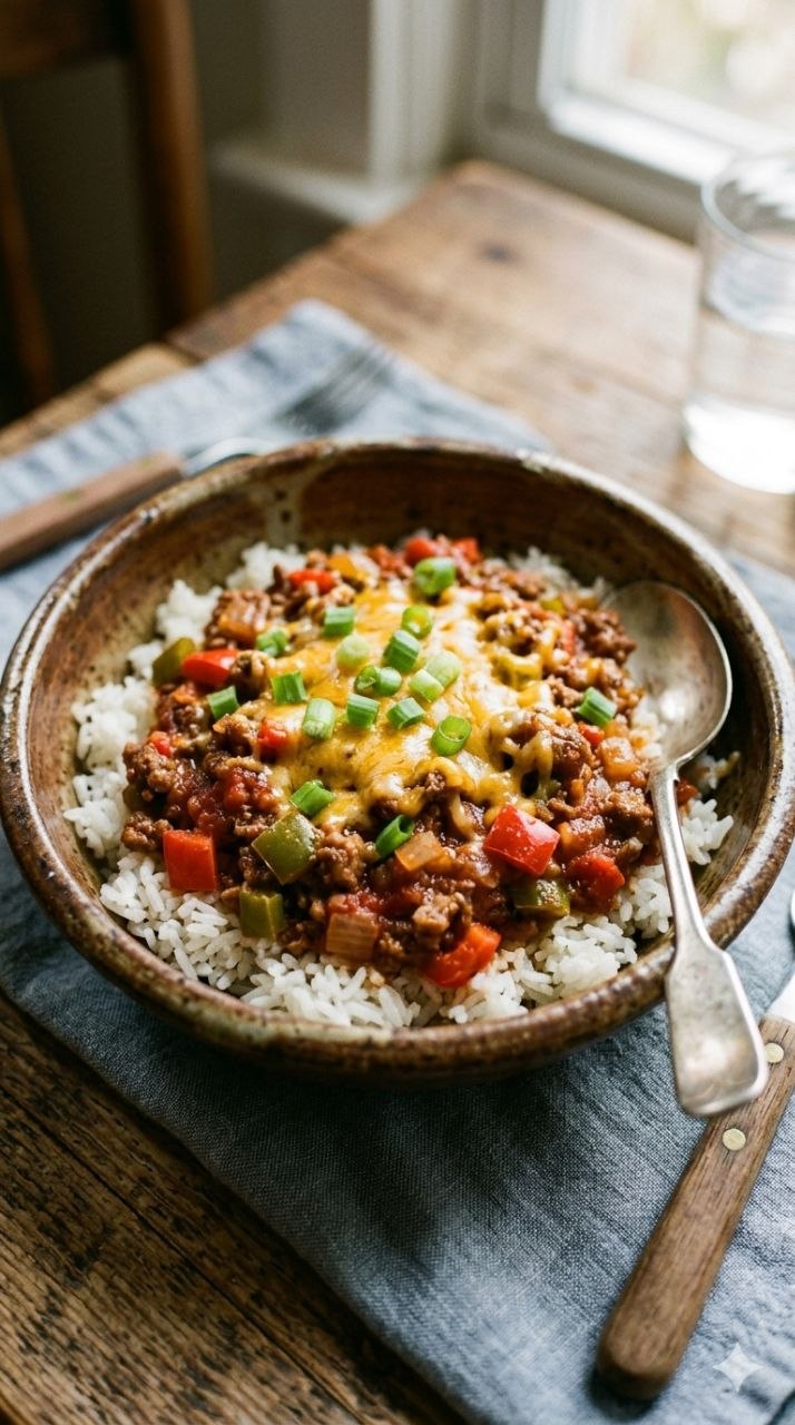 Sloppy Joe bowls with seasoned beef, peppers, and cheddar cheese over rice.