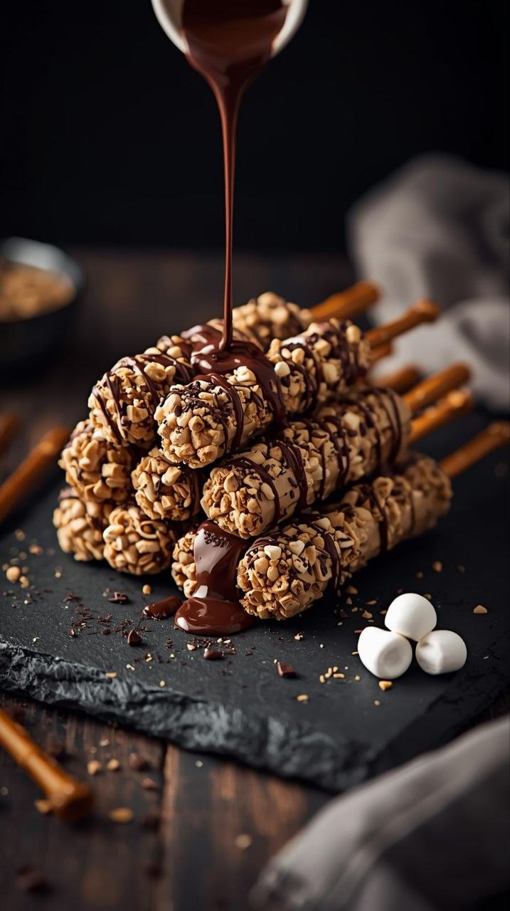 S'mores pretzel rods dipped in chocolate, graham crackers, and marshmallows, stacked on a slate board.