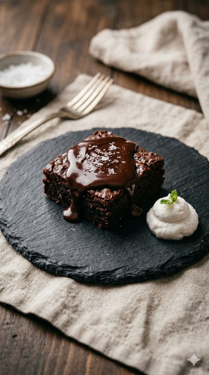 Fudgy sweet potato brownie with chocolate ganache and sea salt.