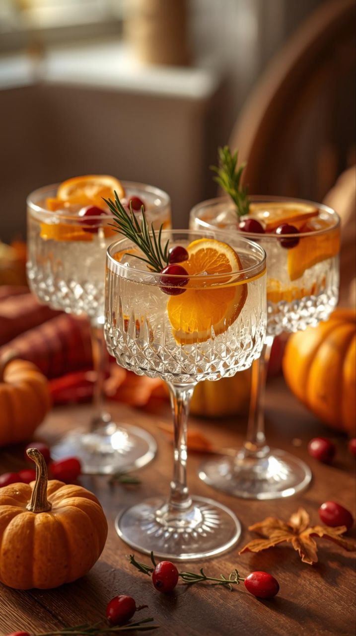 Festive Thanksgiving cocktails garnished with cranberries and rosemary in elegant glasses